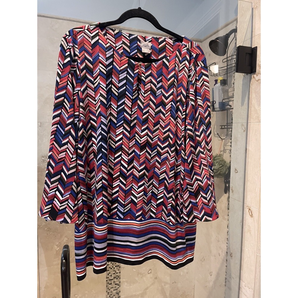 Chicos Retro Purples Refs Blue Stretch Tunic 3/4 Sleeve Top Xl 3 Cutout